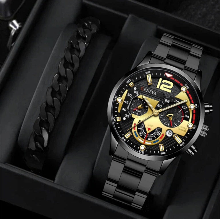 2Pcs Men’s Luxury Steel Strip Quartz Watch & Bracelet Set – Fashion Business Three-Eye Wristwatch Set for Men | Modern Elegant Gift Set