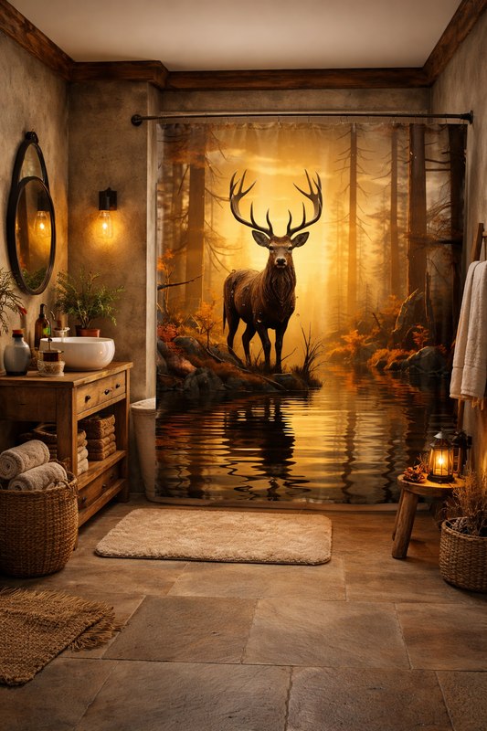 Golden Forest Deer Shower Curtain, Majestic Stag Bathroom Decor, Rustic Woodland Wildlife Bath Nature Sunset