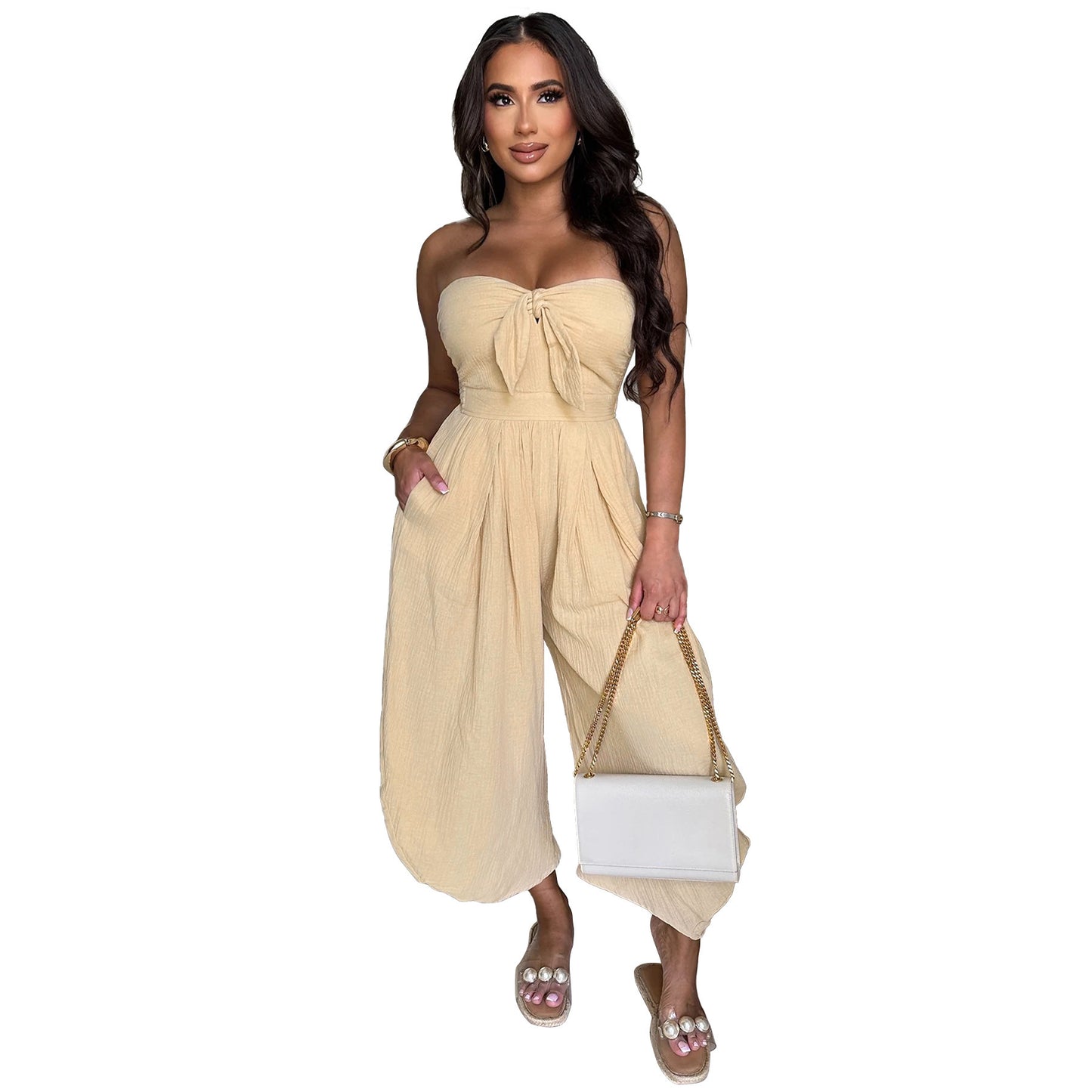 Sleek Chest Wrap Collar Jumpsuit – Elegant Solid Color One-Piece for Women
