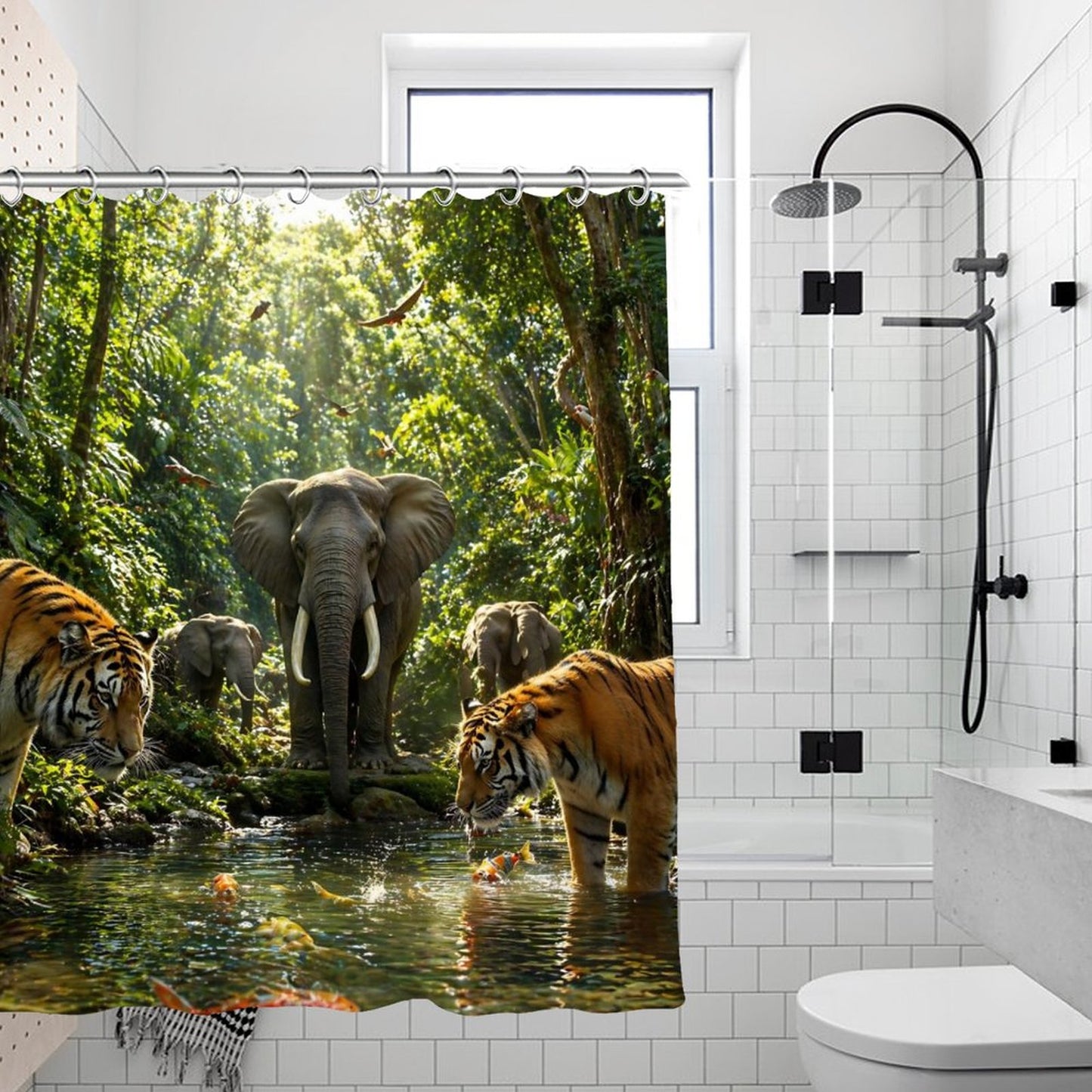 Luxury Jungle Wildlife Shower Curtain – Elephant & Tiger Nature Scene Waterproof Bathroom Decor, Tropical Forest Animal Bath Curtain