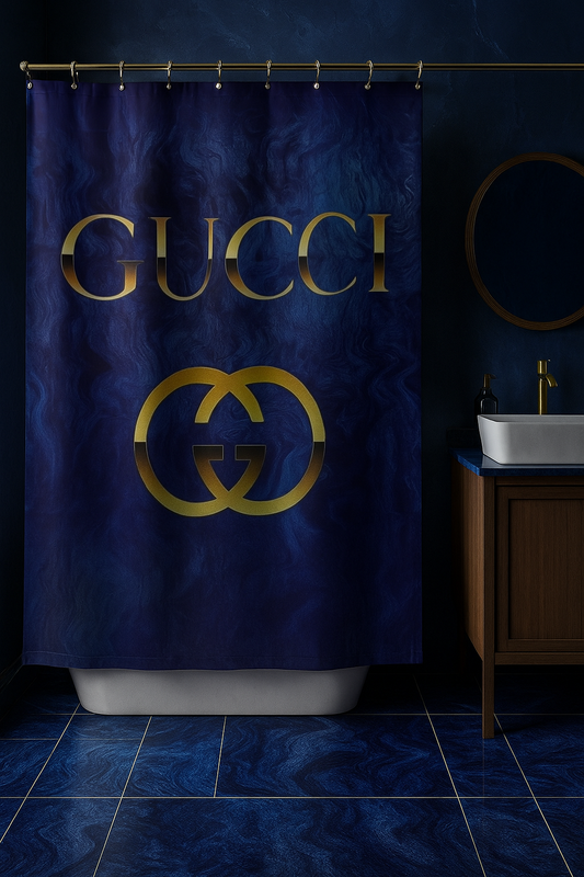 Luxury Blue & Gold Shower Curtain – Elegant Bathroom Decor