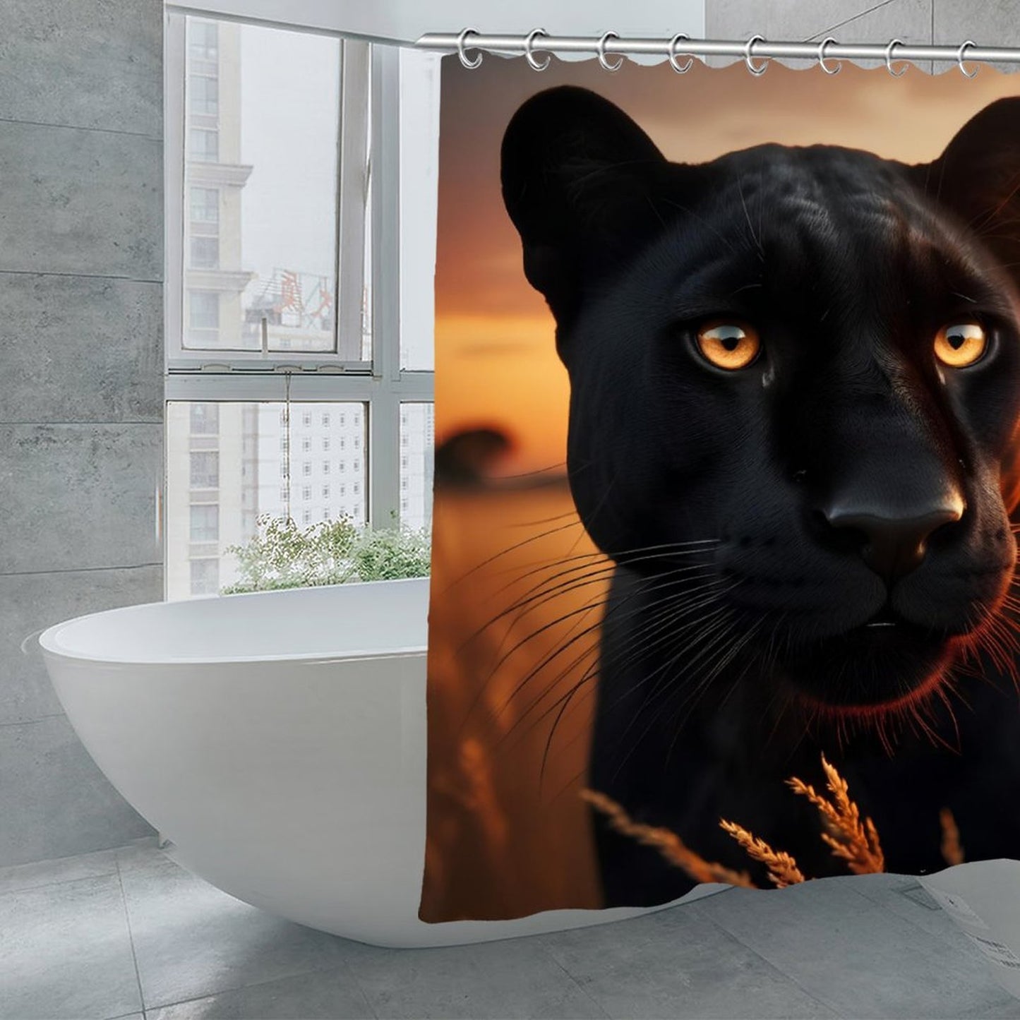 Black Panther Shower Curtain | Luxury Wildlife Bathroom Decor | Majestic Panther Sunset Bath Curtain | Safari Animal Bathroom Set | Modern Black Gold Bathroom Decor