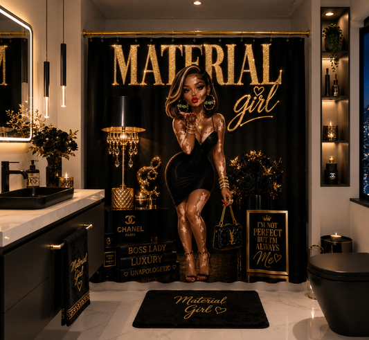 Material Girl Luxury Waterproof Shower Curtain | Black & Gold Glam Bathroom Decor | Fashion-Inspired Vitiligo Beauty Bath Curtain | Modern Chic Bathroom Accent