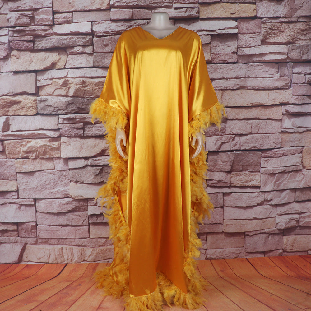 Fully Luxury Feather Batwing Sleeve High-Slit Robe Dress for Women | Elegant Glam Statement Gown