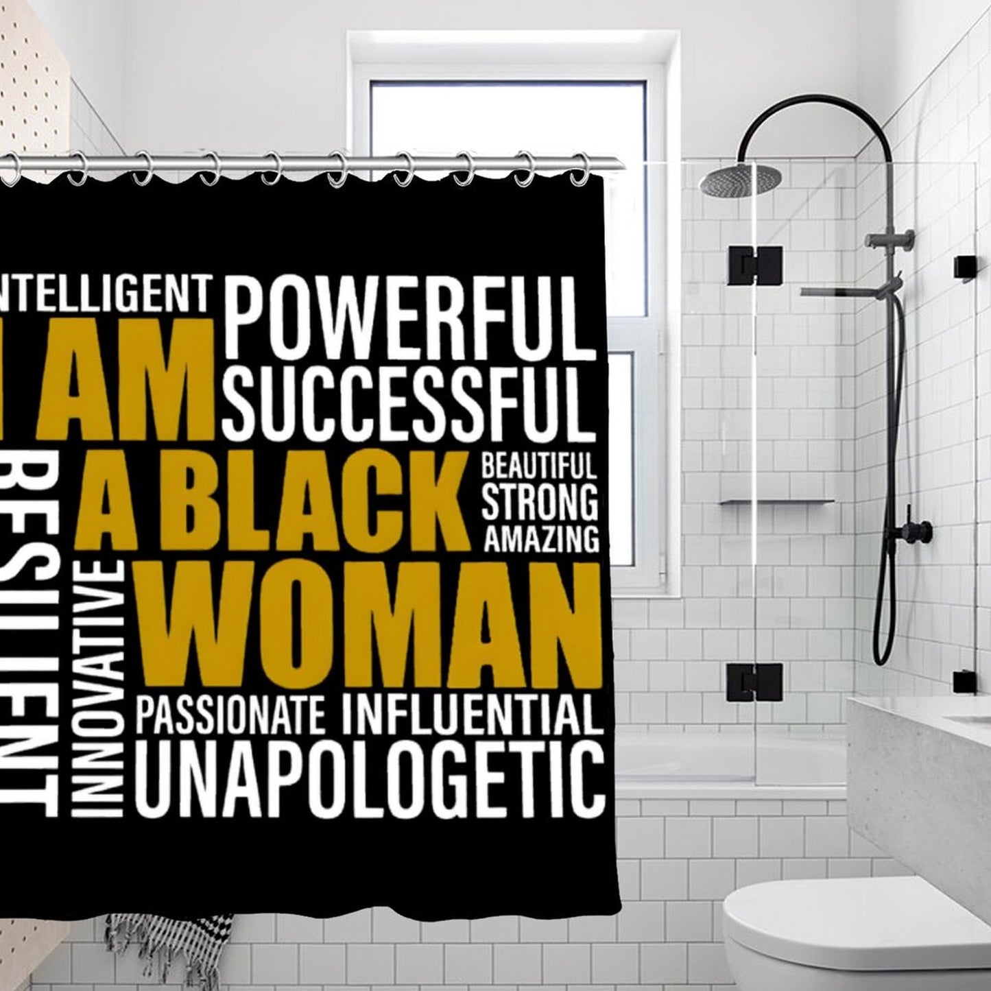 I Am A Black Woman Affirmation Shower Curtain – Empowering Melanin Bathroom Decor | Motivational Quotes | Luxury Black Gold Bath Curtain