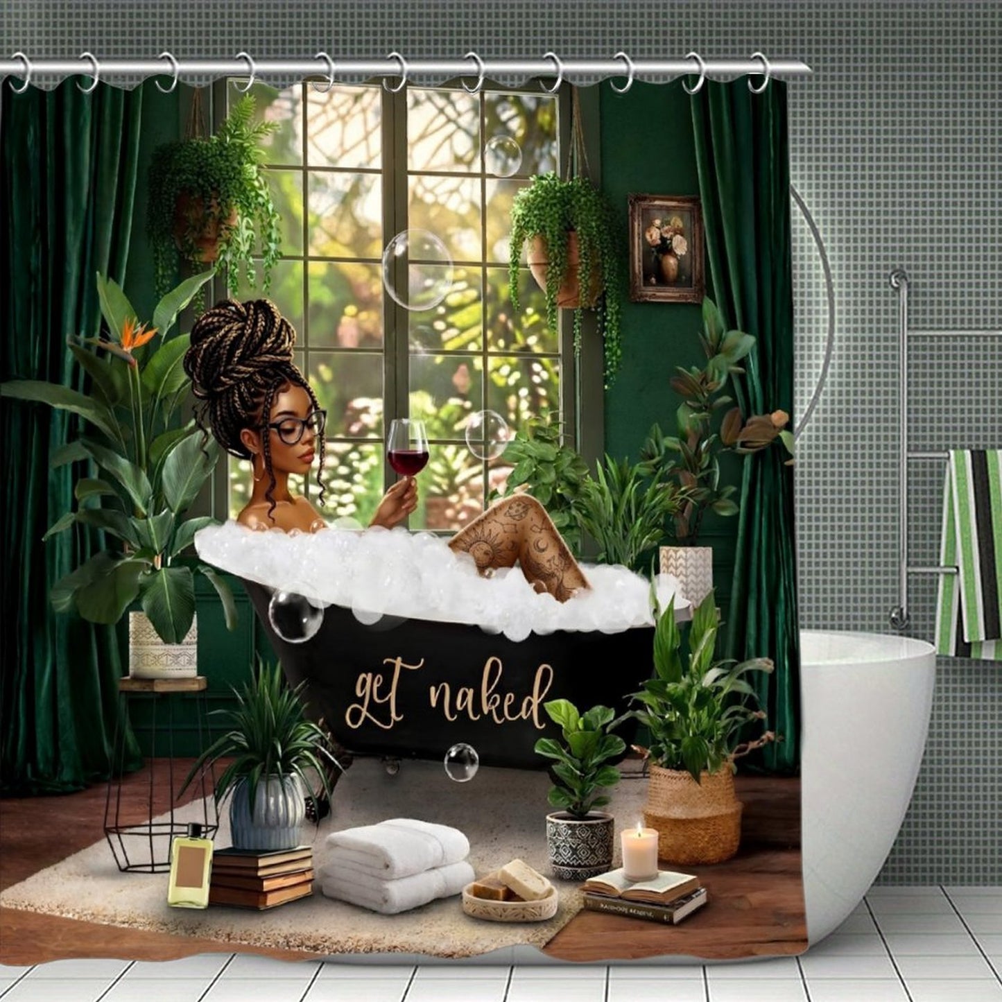 Boho Black Girl Shower Curtain Set, Green Botanical Bathroom Decor, Afro Queen Bubble Bath Curtain, Melanin Bathroom Aesthetic, Get Naked Bath Decor
