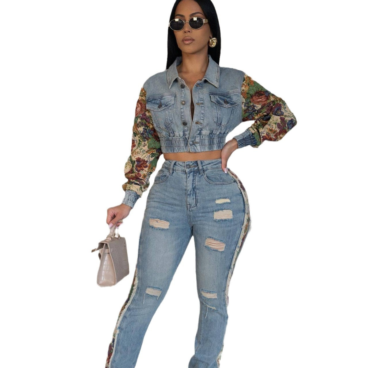 Floral Patchwork Denim Two-Piece Set | Cropped Jean Jacket & High-Waist Distressed Jeans | Trendy Women’s Statement Outfit