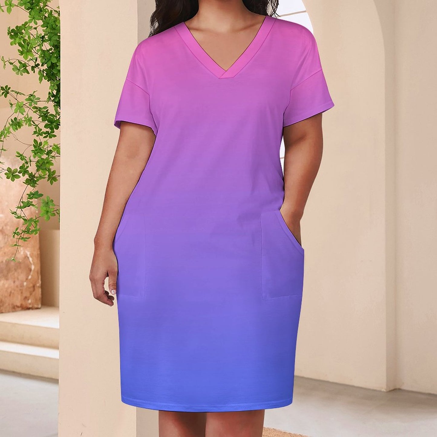 Stylish V-Neck Baggy Dress with Pockets - Effortless Chic and Comfort