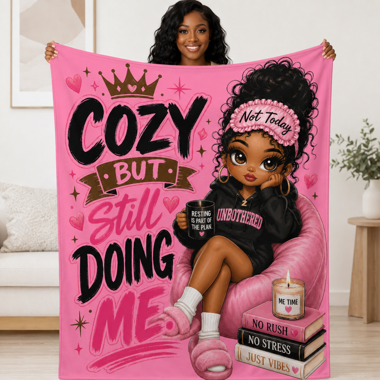 Cozy But Still Doing Me Flannel Throw Blanket – 60"x80" | Pink Black Girl Self-Care Blanket | 250gsm Soft Plush Oversized Blanket