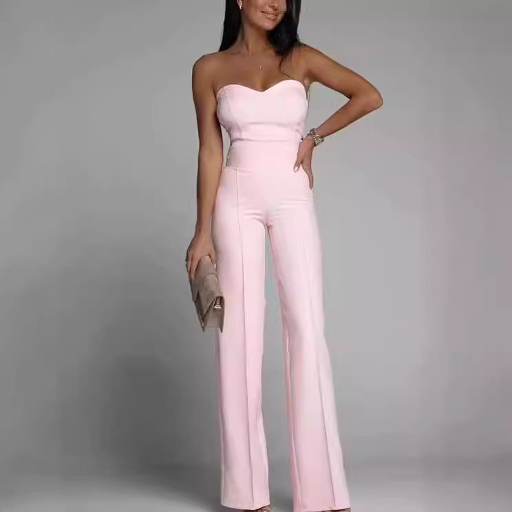 Women’s Slim-Fit Tube Top Straight Leg Jumpsuit – Chic Strapless One-Piece Outfit