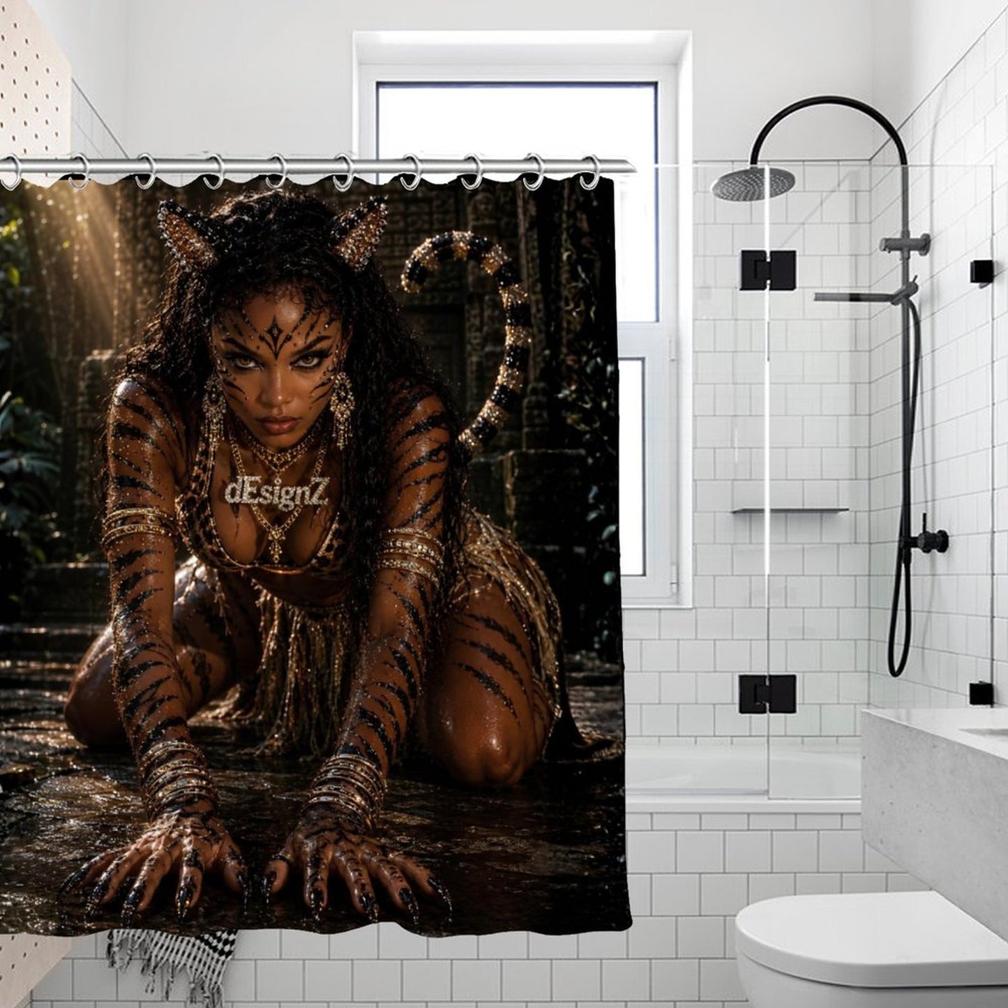 Tiger Queen Luxury Shower Curtain – Modern Black & Gold Jungle Glam Bathroom Decor | Fierce Tribal Goddess Bath Curtain