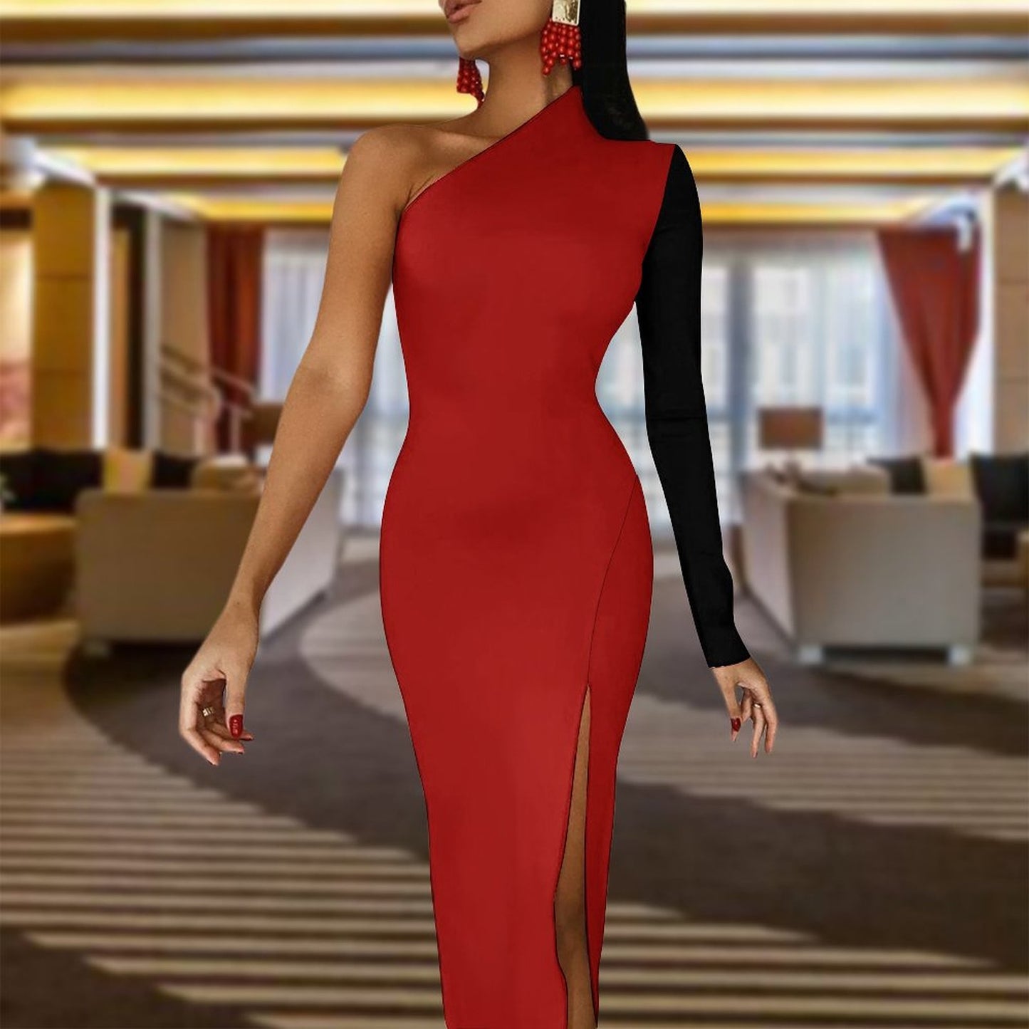 Red and Black Evening Gown One Shoulder Split Dress