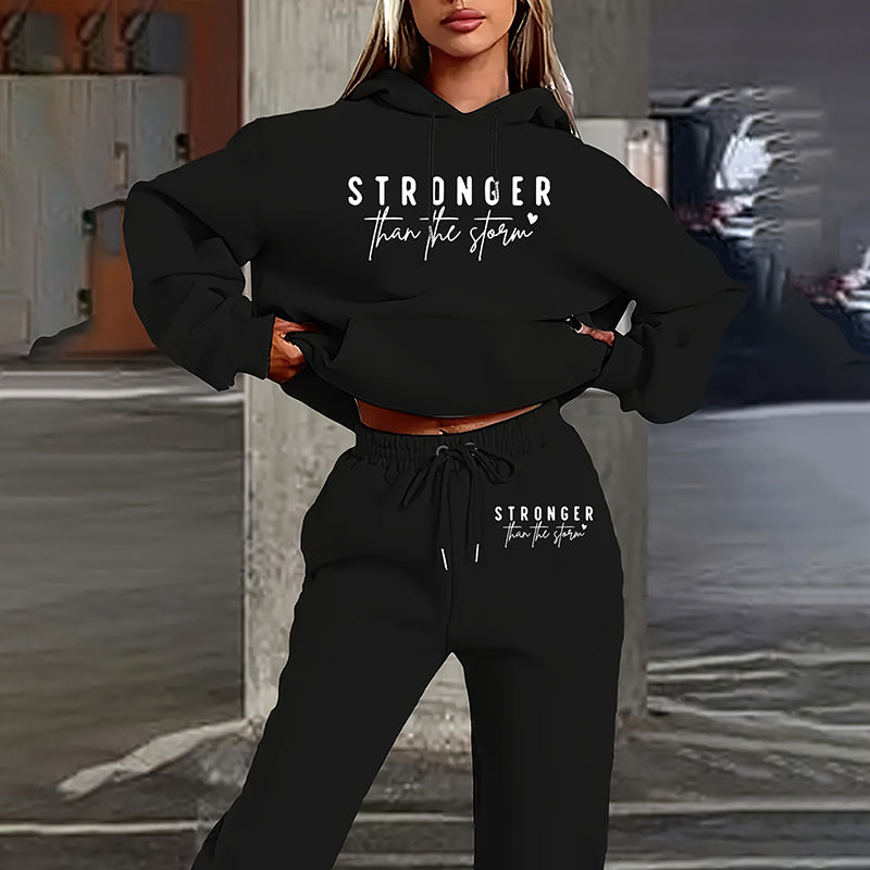 Women's Solid 2-Piece Letter Print Hoodie & Jogger Set – Casual Tracksuit with Pocket & Drawstring Pants | Stylish Lounge wear Outfit