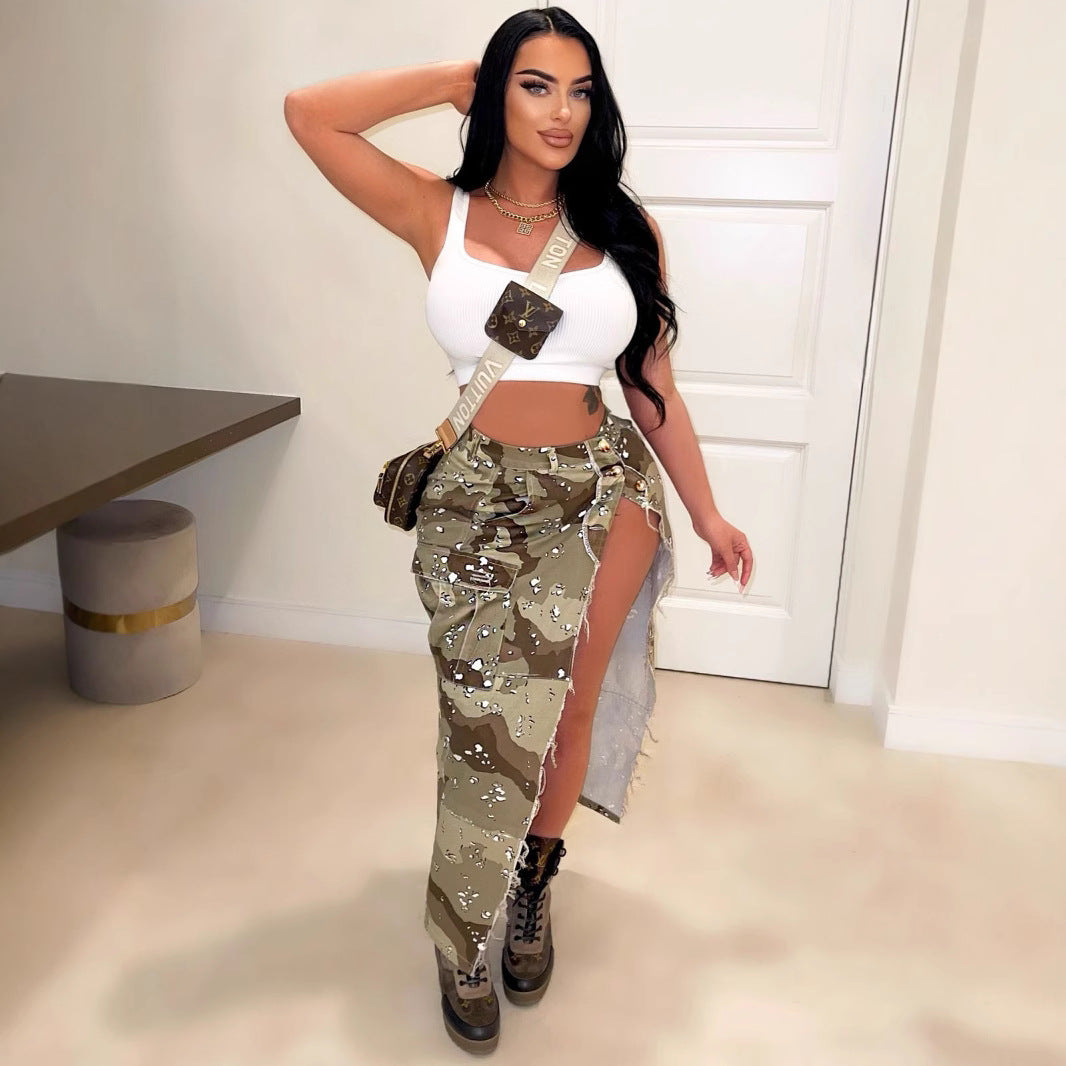Bold Beauty: Personalized Camo Pocket Slit Tassel Skirt