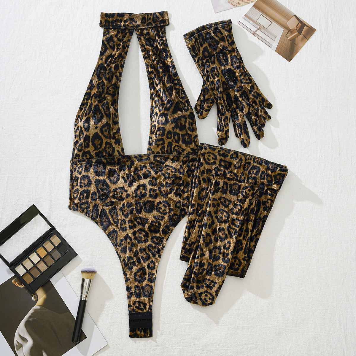 Fierce & Fabulous Women's Leopard Jumpsuit with Sexy Gloves and Leggings Suit