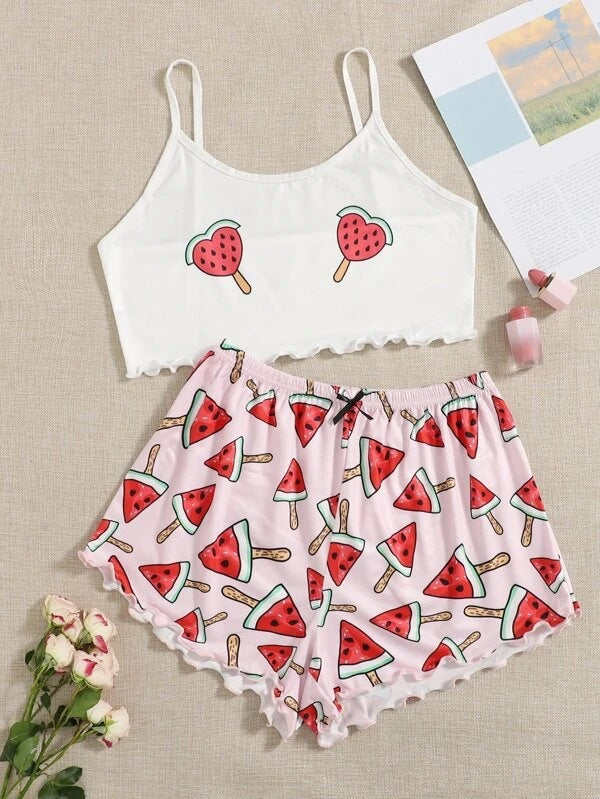 Knitted Print Pajama Set for Women – Thin Comfy Cami Top & Shorts Loungewear
