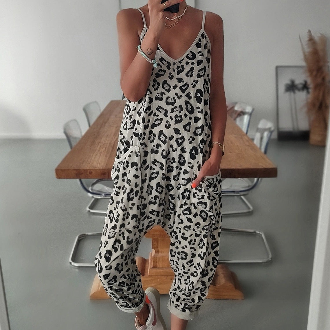 Women's Leopard Print Loose Casual Sling Jumpsuit | Trendy and Comfortable