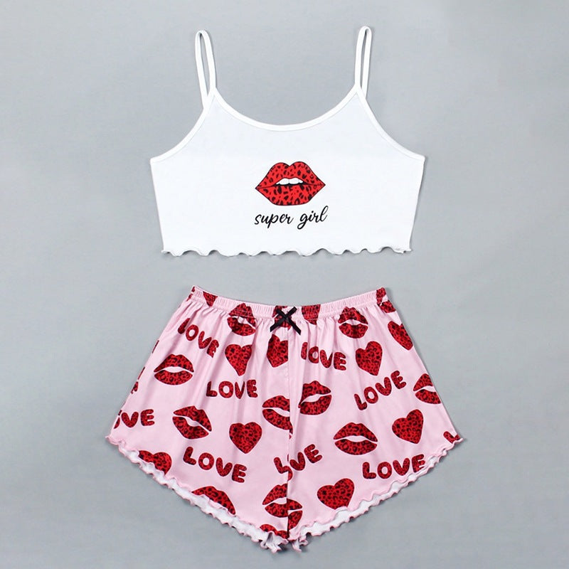 Knitted Print Pajama Set for Women – Thin Comfy Cami Top & Shorts Loungewear