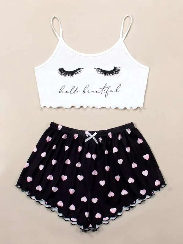 Knitted Print Pajama Set for Women – Thin Comfy Cami Top & Shorts Loungewear