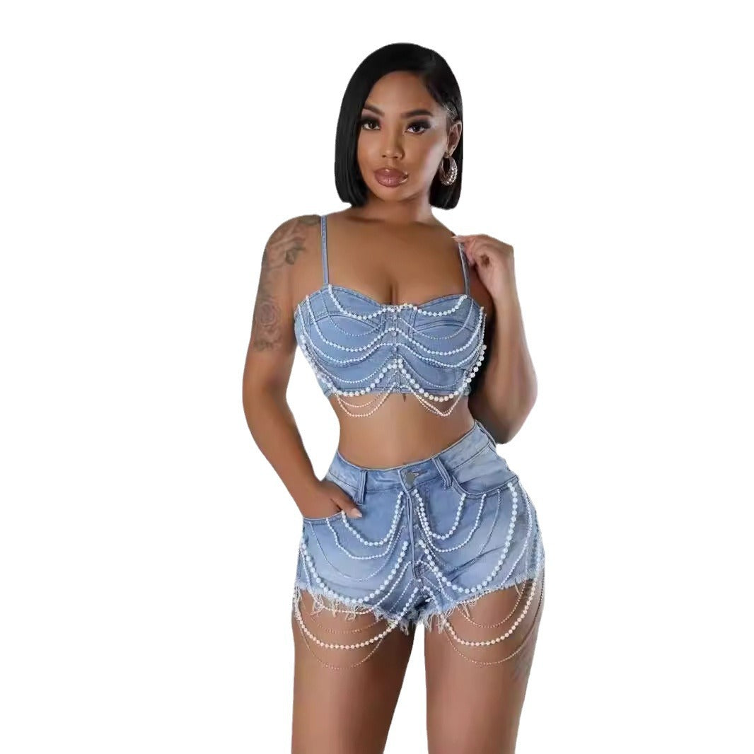 Women's Ins Pearl Drill Chain Denim Camisole Shorts