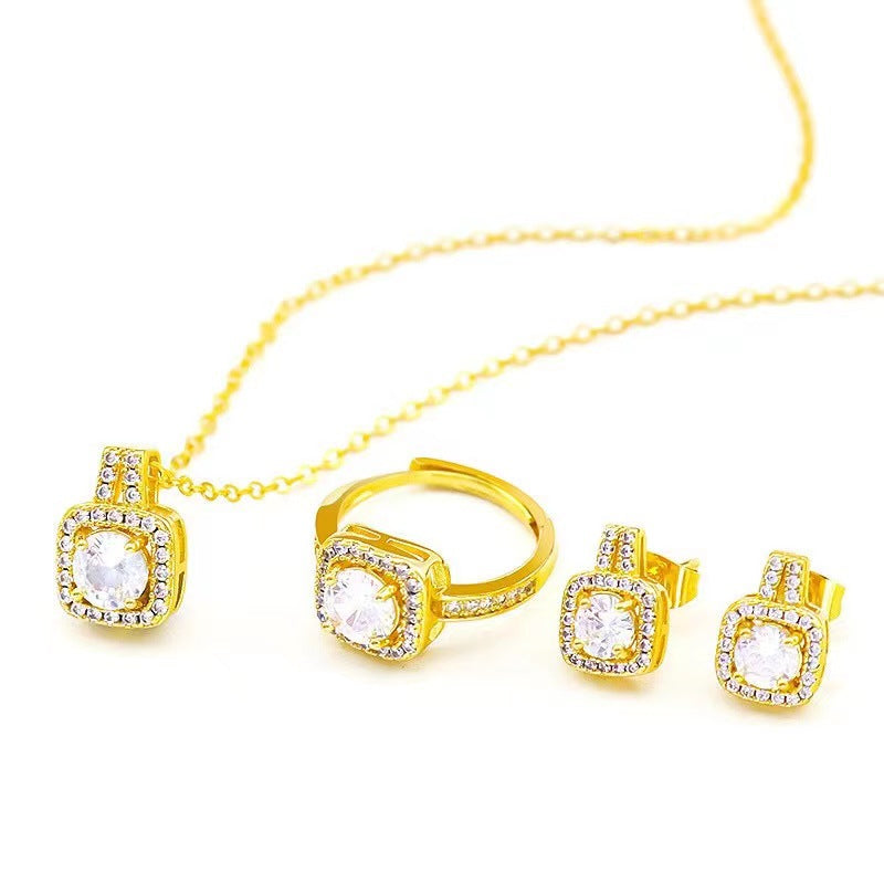 Fashion Jewelry Set Zircon Gem Pendant Chain Choker Necklace For Women Gold Color Stud Earring