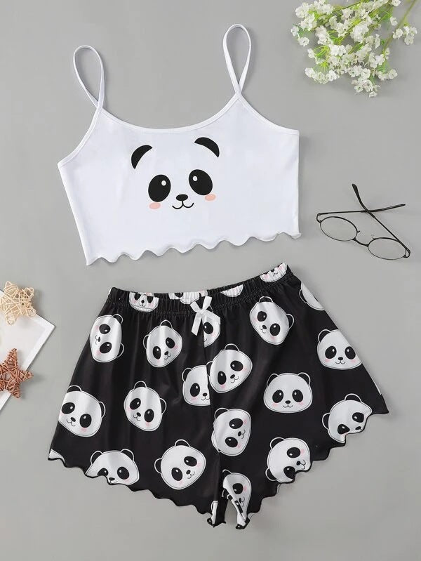 Knitted Print Pajama Set for Women – Thin Comfy Cami Top & Shorts Loungewear