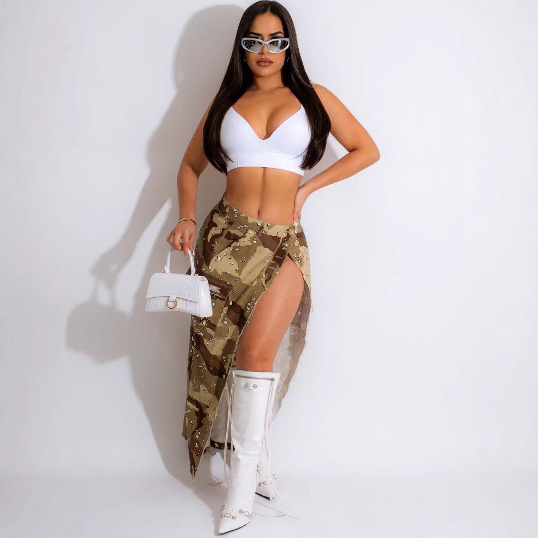 Bold Beauty: Personalized Camo Pocket Slit Tassel Skirt