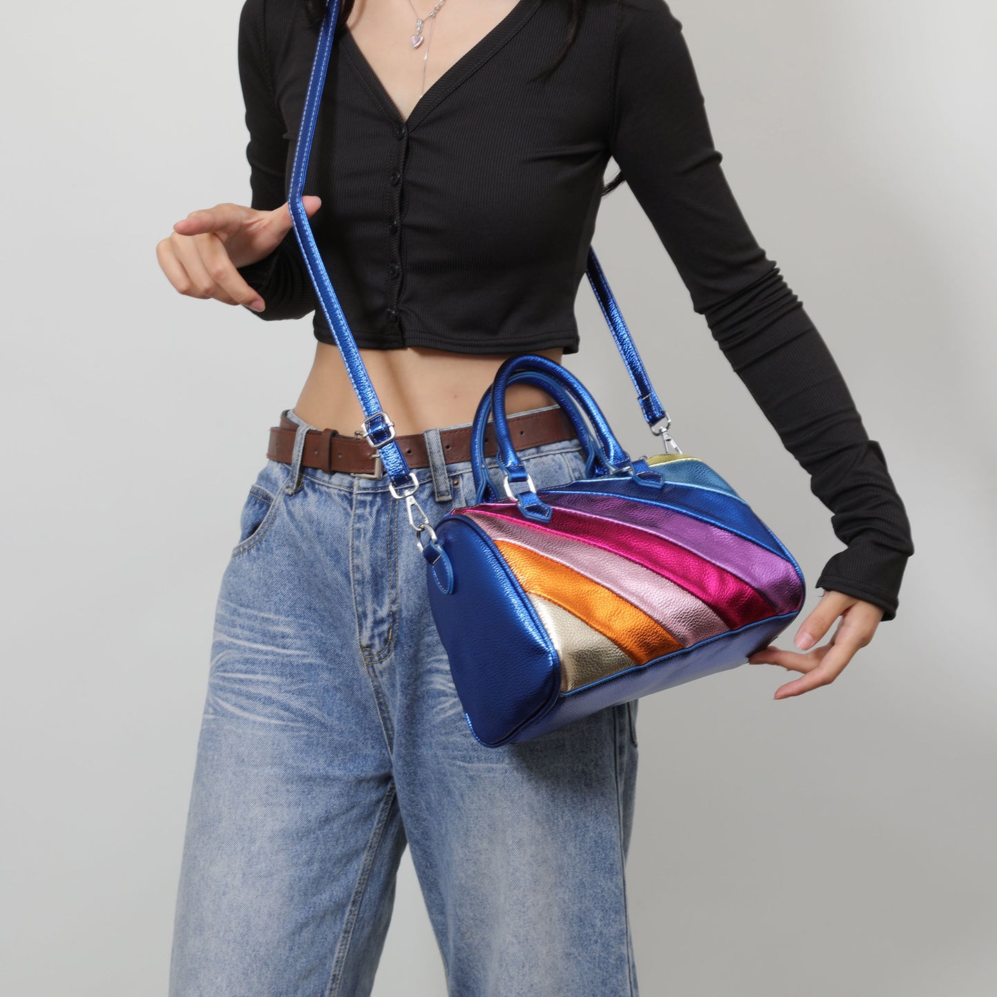 Rainbow Patchwork Tote – Large Capacity Statement Handbag for Women