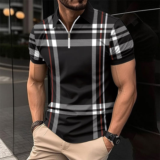 Men's Printed Plaid Striped Polo Shirt