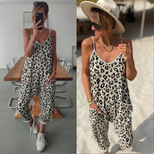 Women's Leopard Print Loose Casual Sling Jumpsuit | Trendy and Comfortable