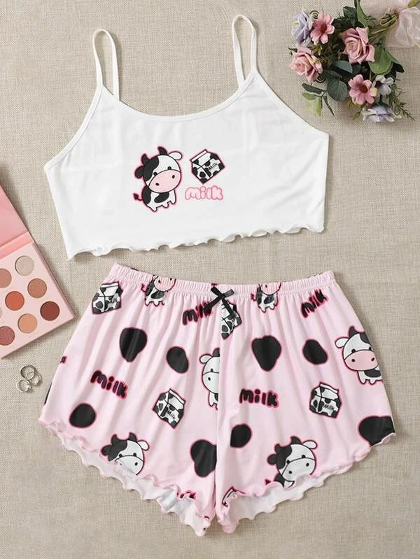 Knitted Print Pajama Set for Women – Thin Comfy Cami Top & Shorts Loungewear