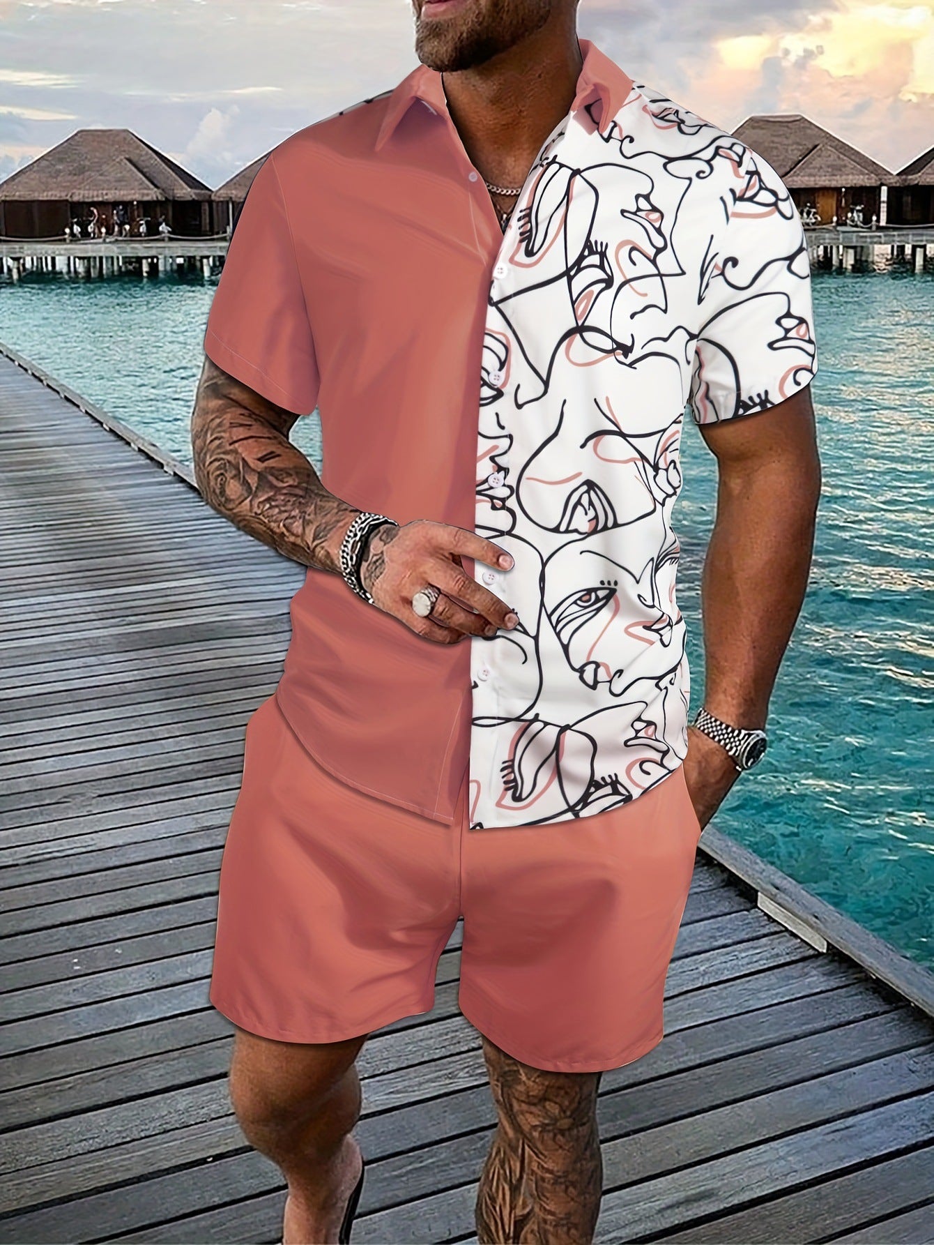 Vacation Short Sleeve Shorts Shirt Outfit Big Men's