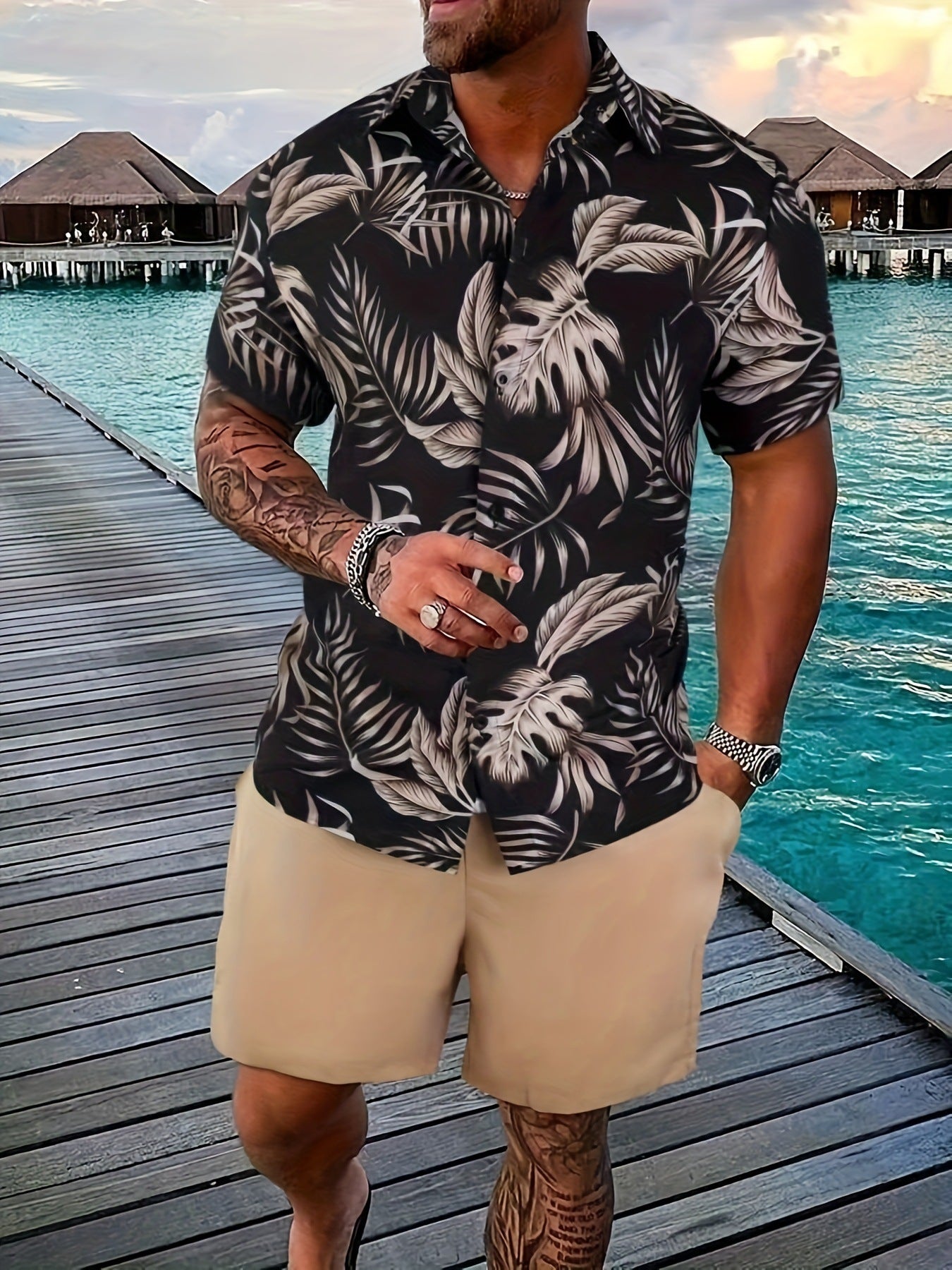 Vacation Short Sleeve Shorts Shirt Outfit Big Men's