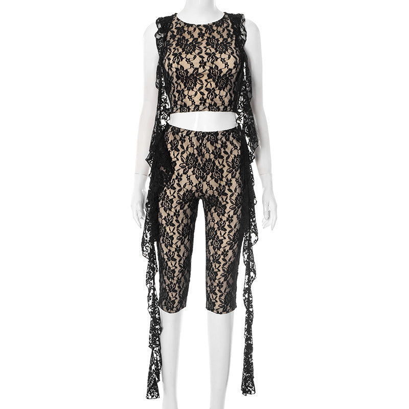 Lace See-Through Sleeveless Top & Hip-Lifting Pants Two-Piece Set – Sexy Chic Casual Outfit for Women