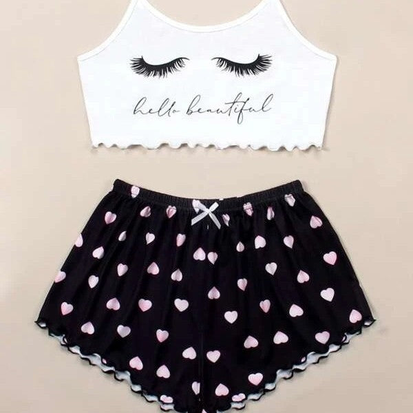 Knitted Print Pajama Set for Women – Thin Comfy Cami Top & Shorts Loungewear