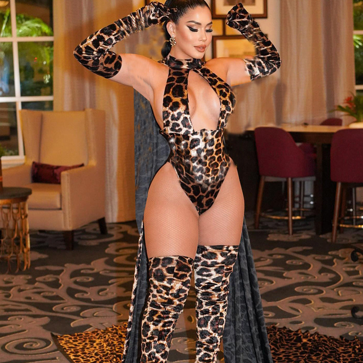 Fierce & Fabulous Women's Leopard Jumpsuit with Sexy Gloves and Leggings Suit