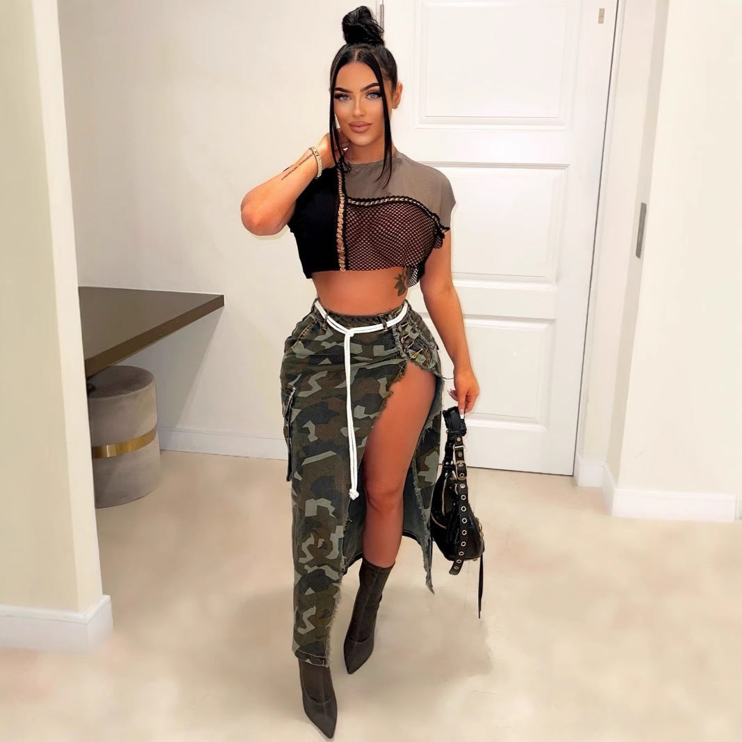 Bold Beauty: Personalized Camo Pocket Slit Tassel Skirt