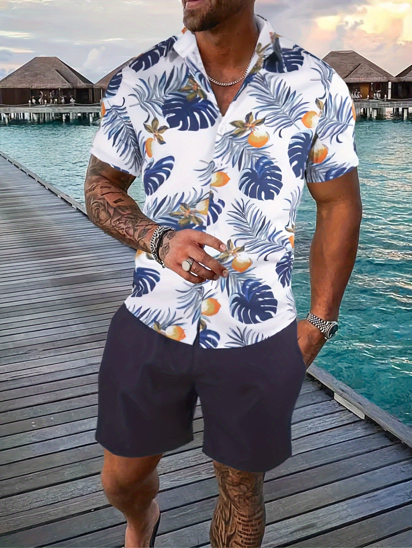 Vacation Short Sleeve Shorts Shirt Outfit Big Men's