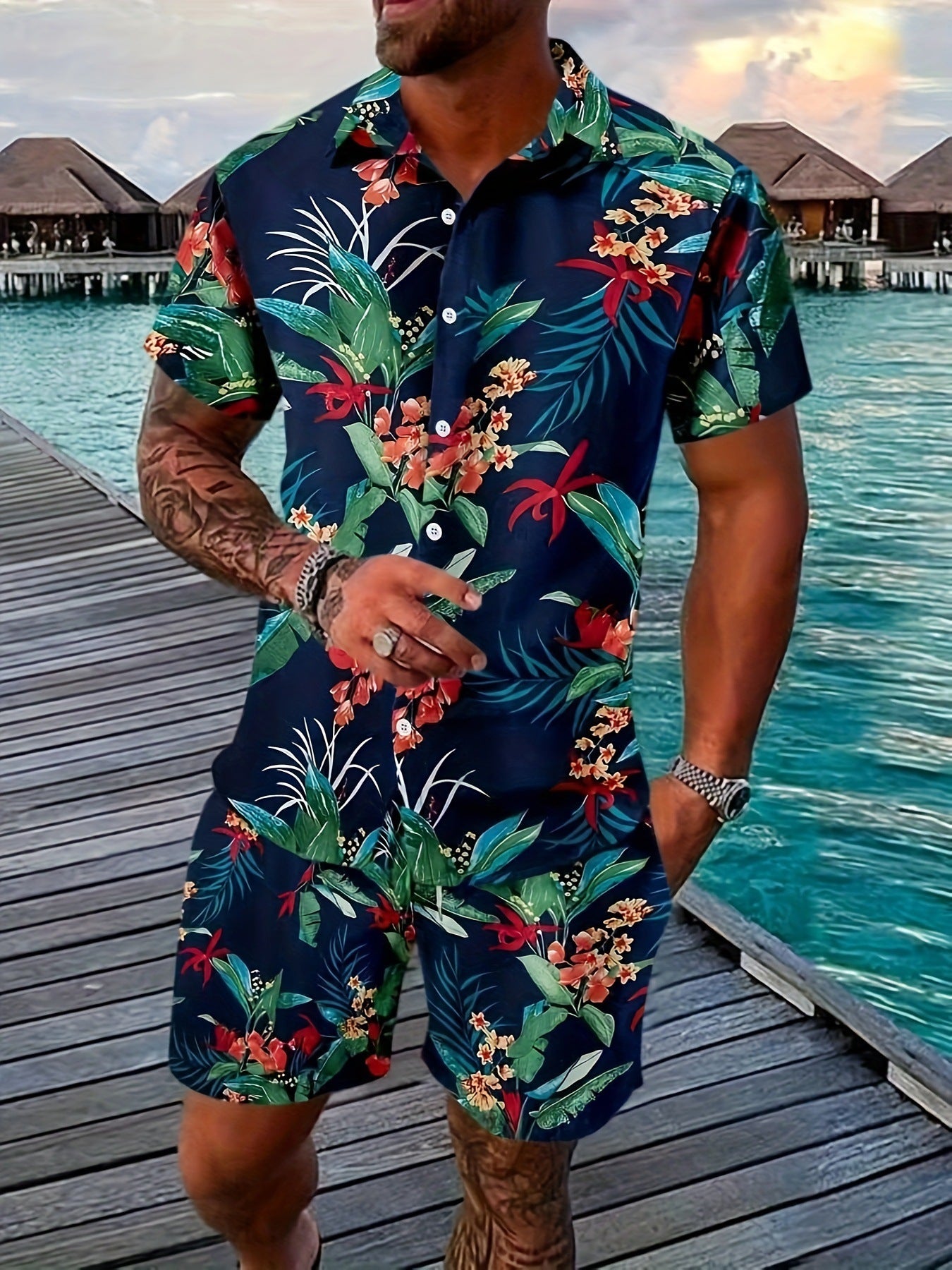 Vacation Short Sleeve Shorts Shirt Outfit Big Men's