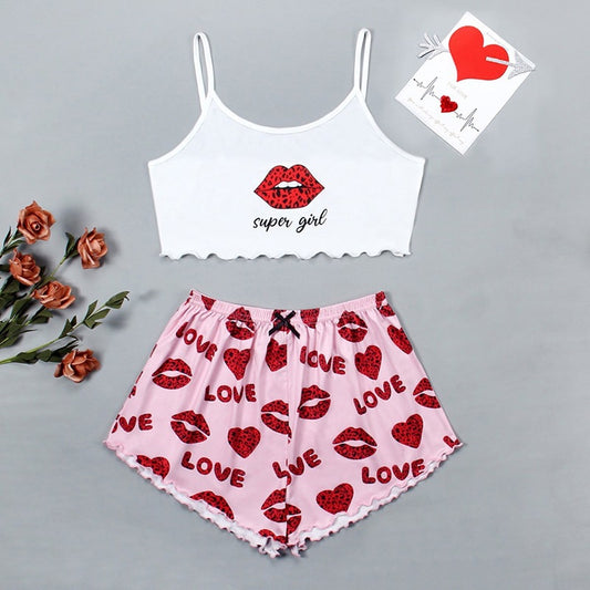 Knitted Print Pajama Set for Women – Thin Comfy Cami Top & Shorts Loungewear