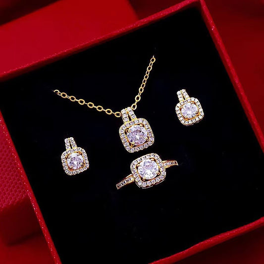 Fashion Jewelry Set Zircon Gem Pendant Chain Choker Necklace For Women Gold Color Stud Earring