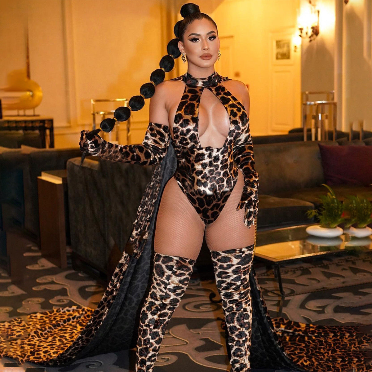 Fierce & Fabulous Women's Leopard Jumpsuit with Sexy Gloves and Leggings Suit