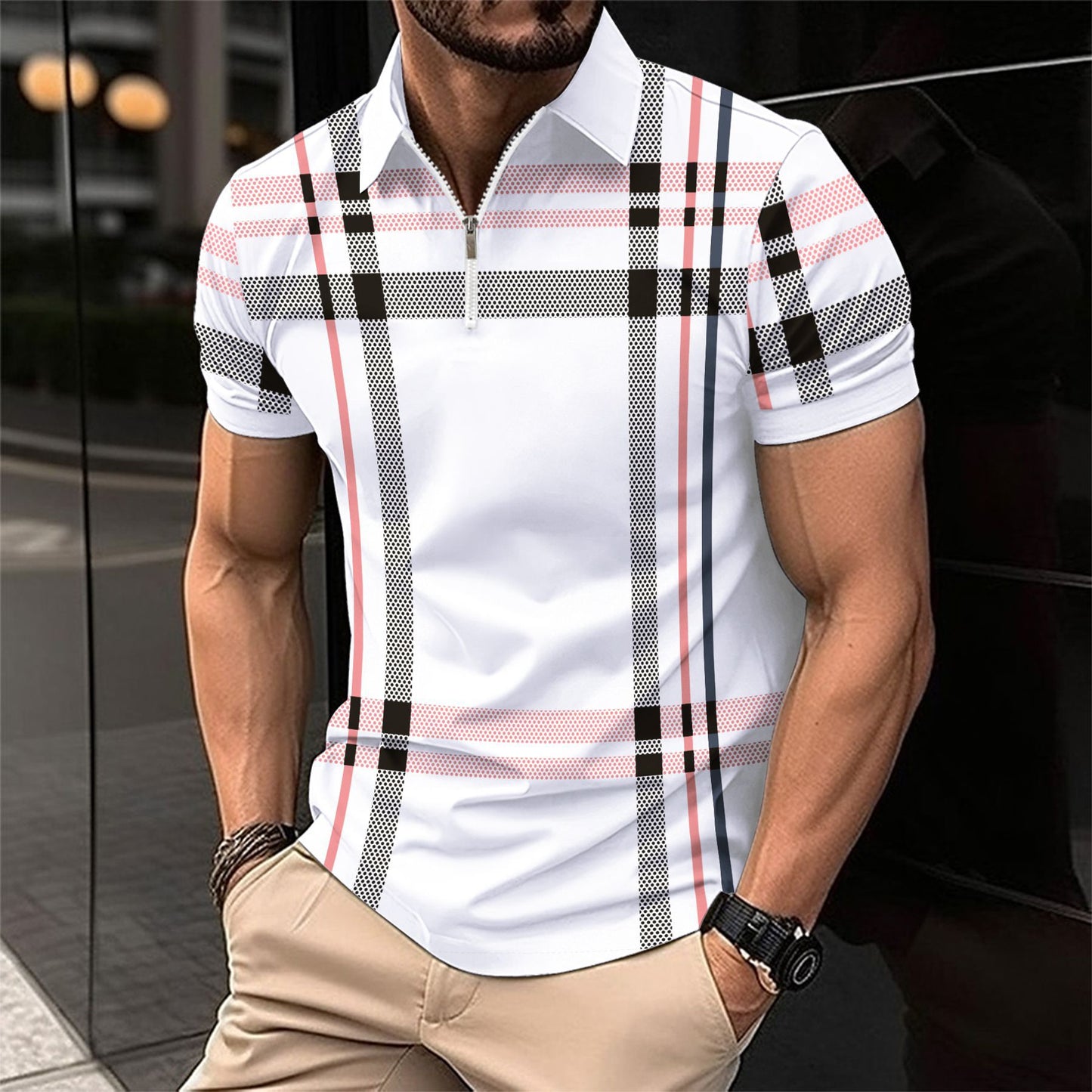 Men's Printed Plaid Striped Polo Shirt