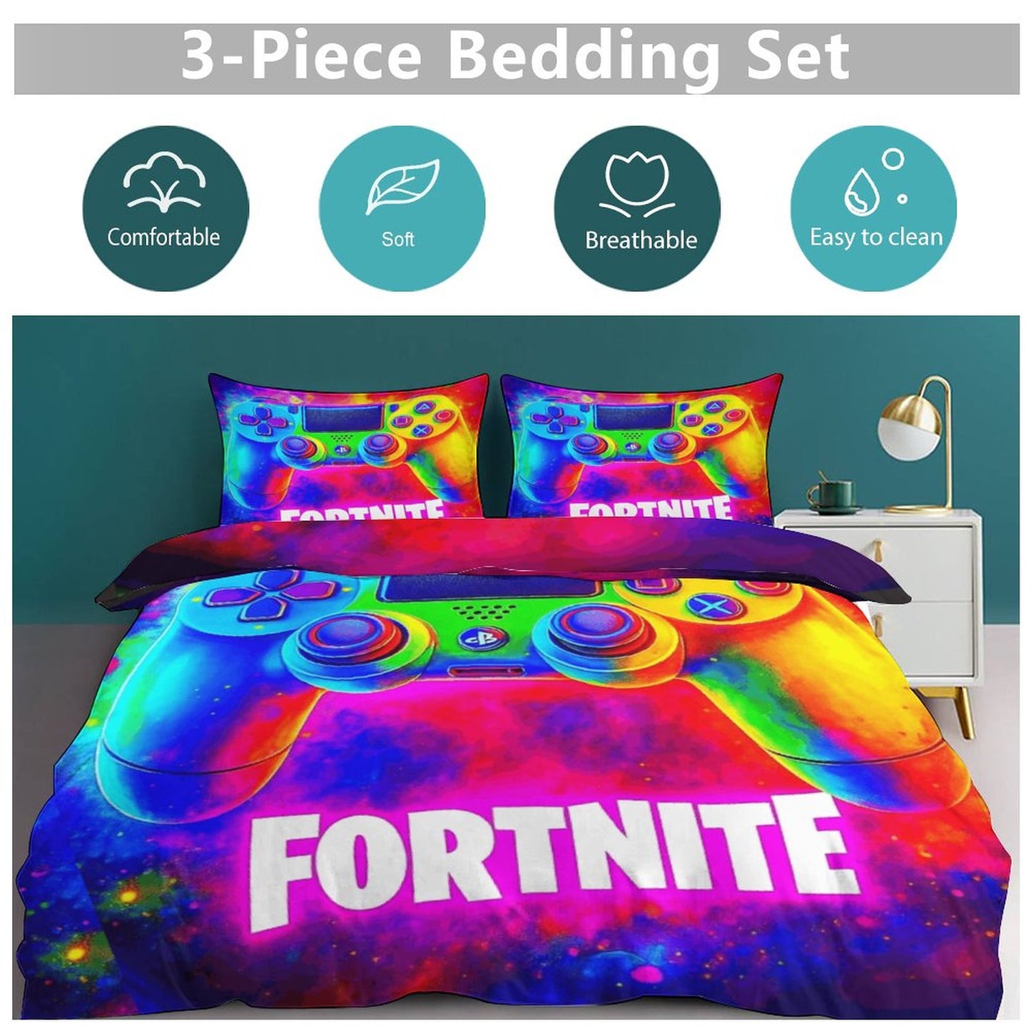 Fortnite 3-Piece Bedding Set 86"x70" | Gamer Comforter Set with Dual-Sided Printing | Teen Boys Bedroom Decor | Battle Royale Game Gift Idea