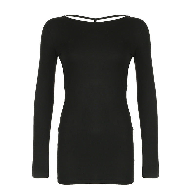Ladies’ Solid Color Round Neck Backless Slim Fit Hip Bag Dress – Elegant Bodycon Party & Evening Wear