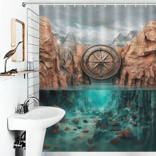 Compass with Mountain Over Water Shower Curtain | Nature Adventure Bathroom Decor | Wanderlust Compass Map Rustic Scenery Curtain