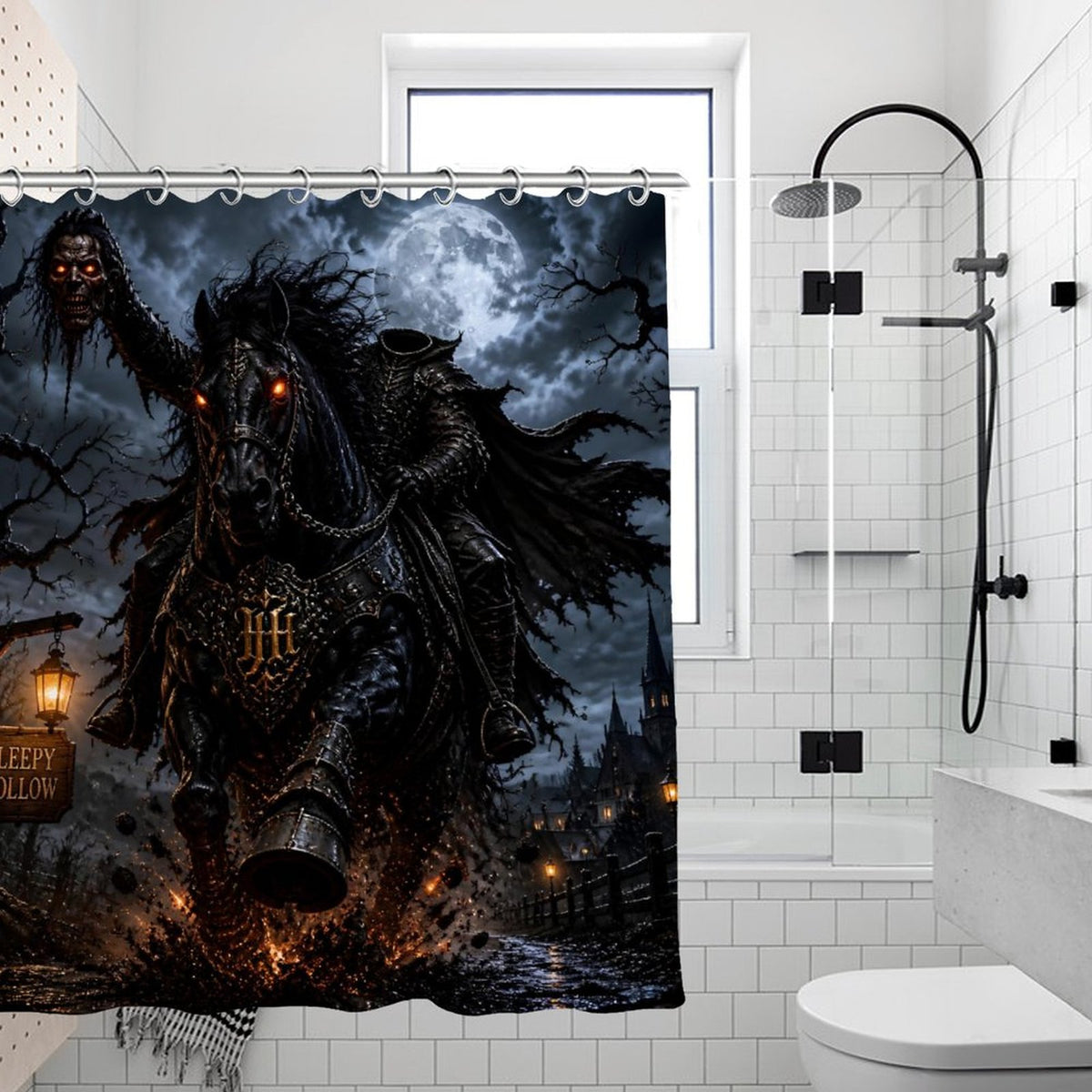 Headless Horseman Shower Curtain, Sleepy Hollow Gothic Bathroom Decor, Dark Fantasy Halloween Shower Curtain, Horror Bathroom Decor
