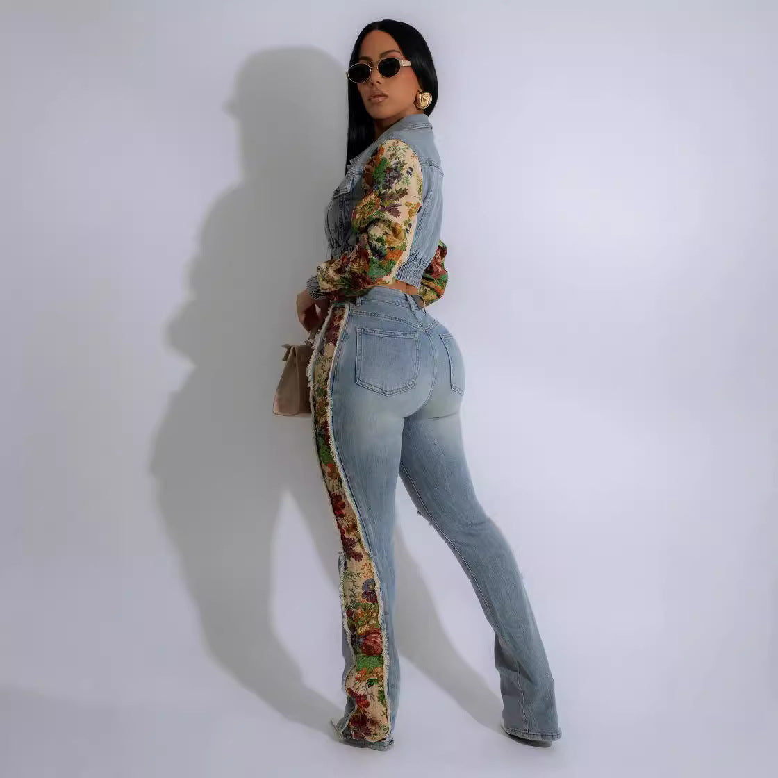 Floral Patchwork Denim Two-Piece Set | Cropped Jean Jacket & High-Waist Distressed Jeans | Trendy Women’s Statement Outfit
