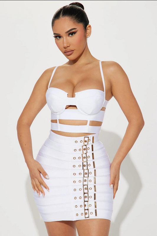 Sexy Spaghetti-Strap Camisole Top & Belt Buckle Miniskirt Set – Trendy Two-Piece Midriff Outfit for Women | Streetwear Clubwear Fashion