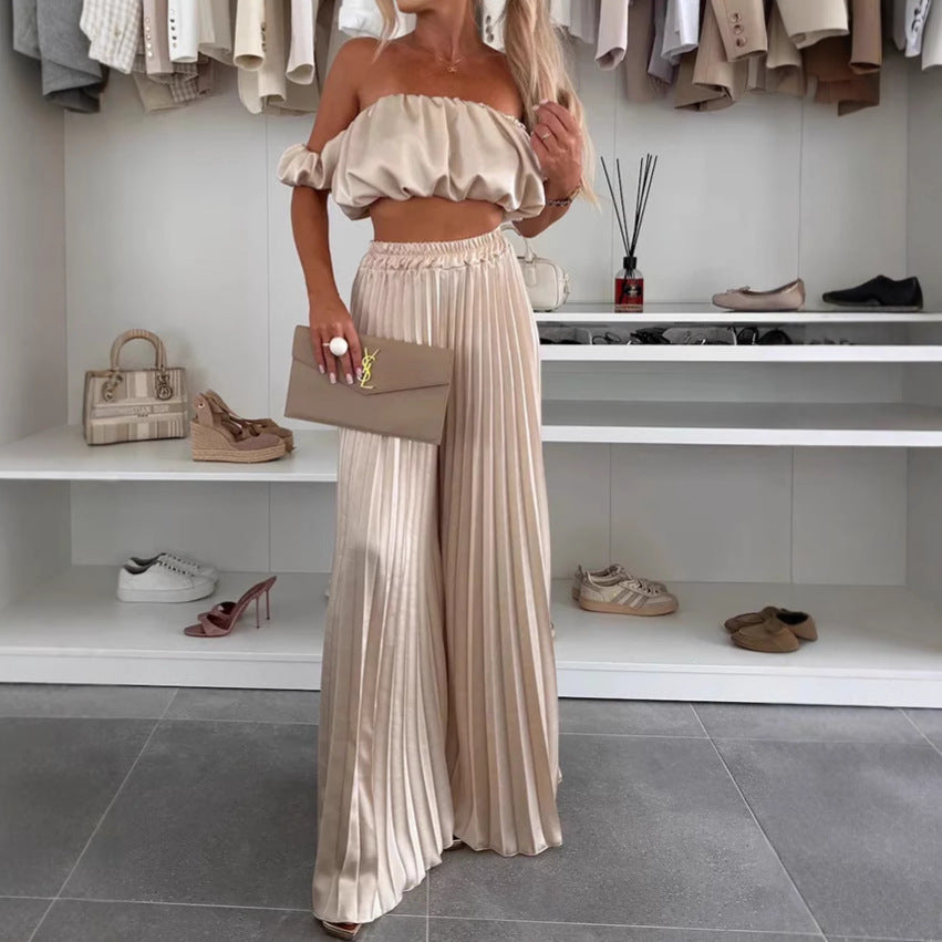 Women’s Satin Tube Top & Wide Leg Pants Set – 2 Piece Elegant Lounge Outfit | Summer Matching Set for Women | Sexy Formal Chic Suit
